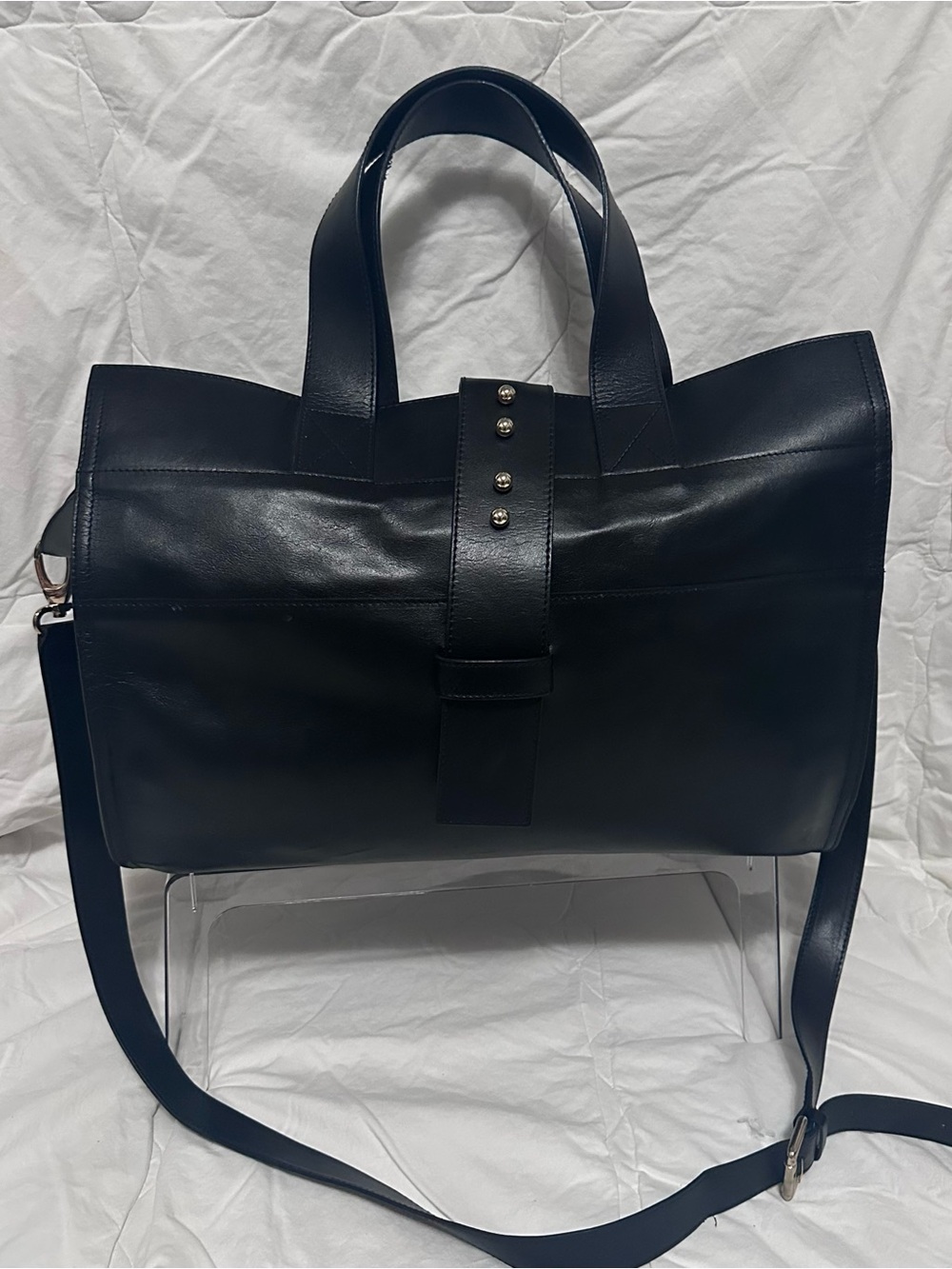 Alessandro Mari Black Leather womens Tote Bag with gold  Stud Accent